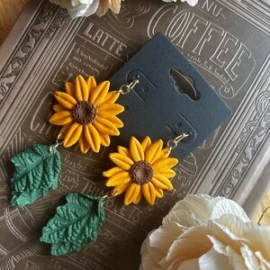 Handmade Sunflower Dangle Earrings with Green Leaves polymer clay